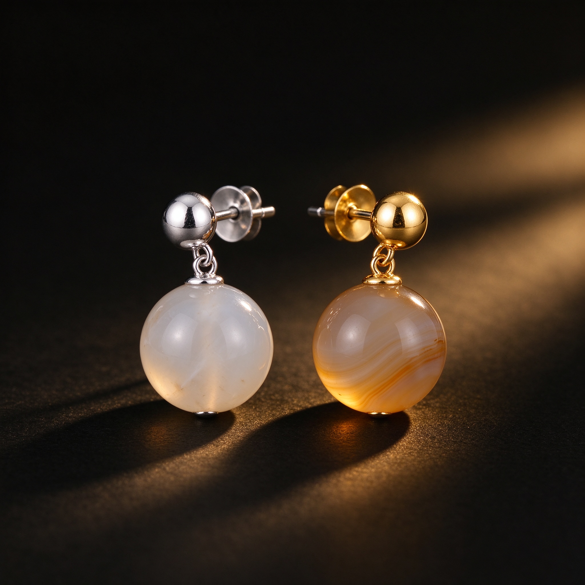 Agate Earrings — S925 Silver Studs, Round Drops