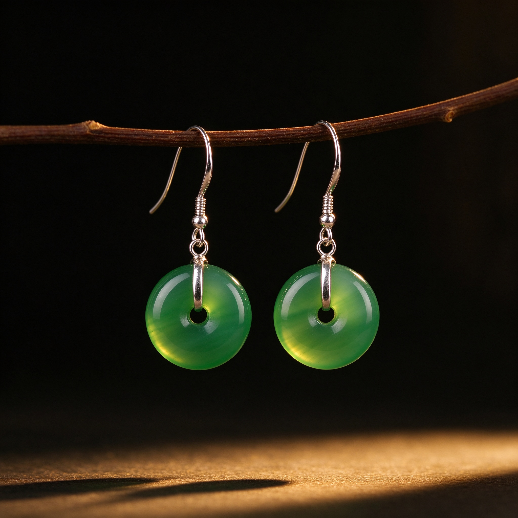 Agate Earrings — S925 Silver Hooks, Retro Green Drops