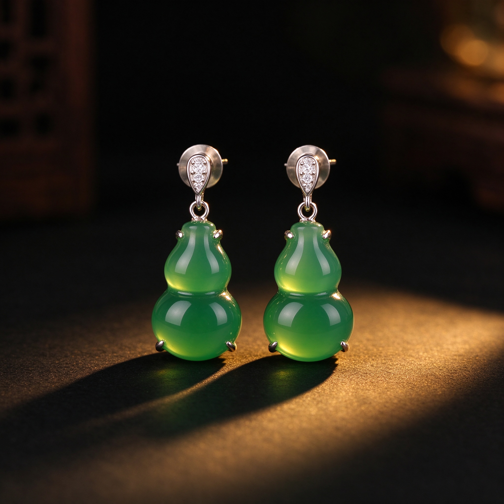 Chalcedony Gourd Earrings — New-Chinese Emerald-Green Studs