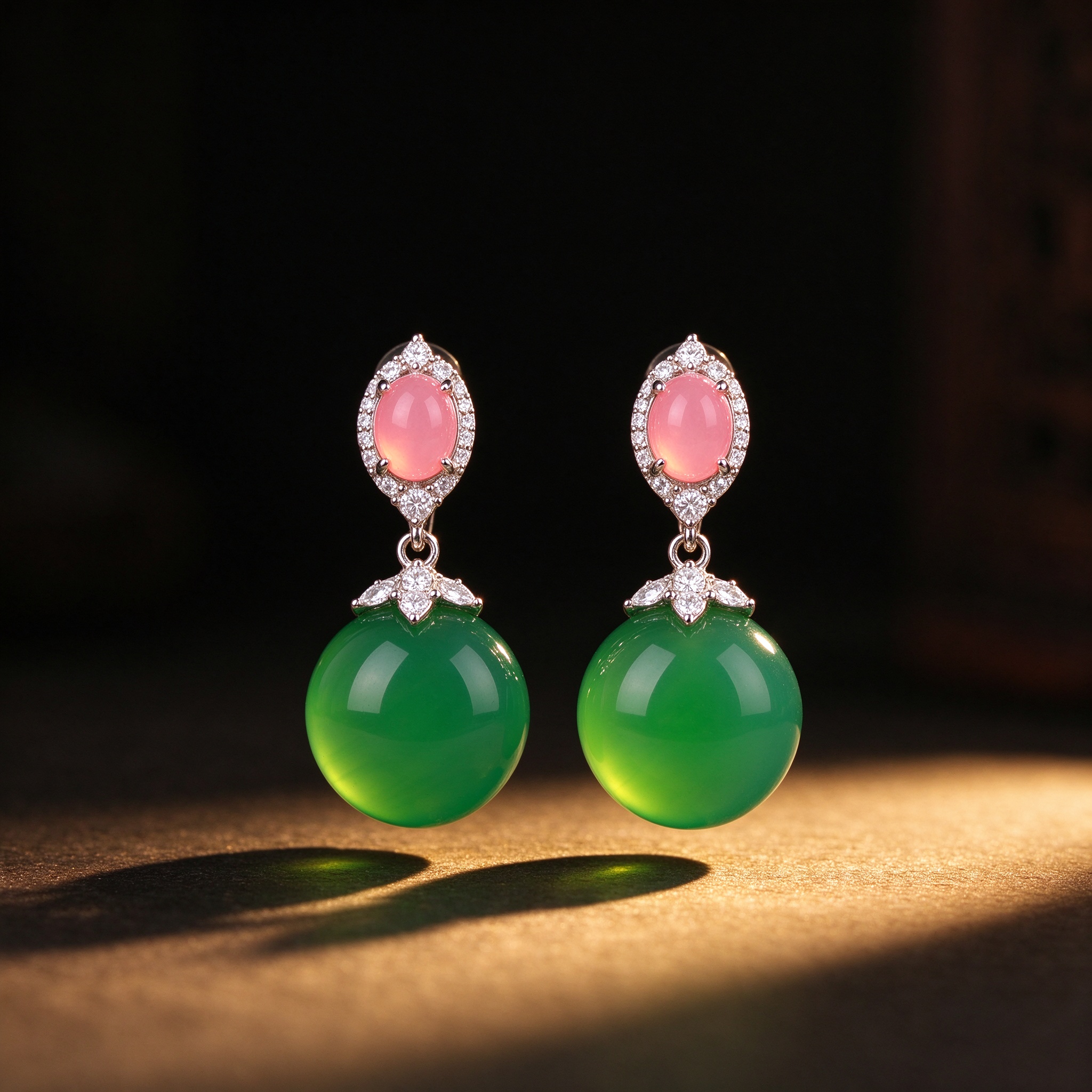 Silver-Plated Chalcedony Drops — Jade-Green Oval, Rhinestone