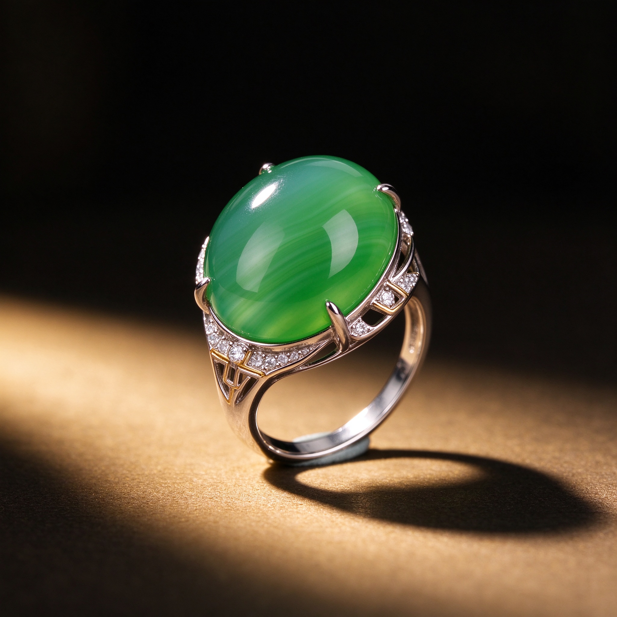 Chalcedony Ring — Large Oval Cabochon, New-Chinese Style