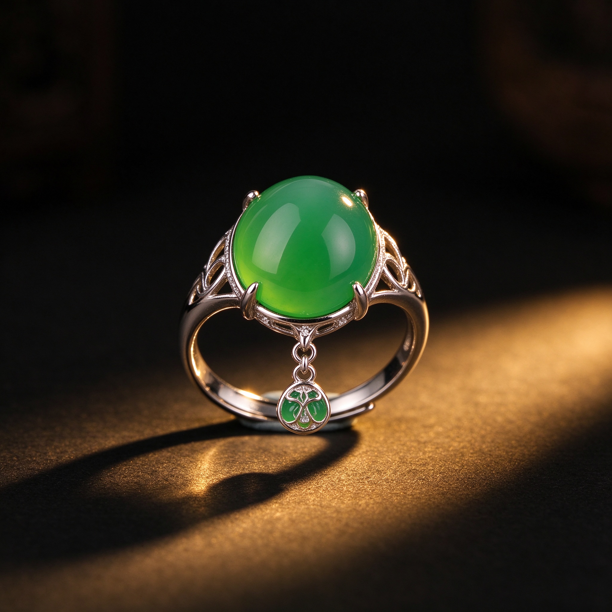 Chalcedony Ring — New-Chinese Jade-Green Oval, Pendant Style