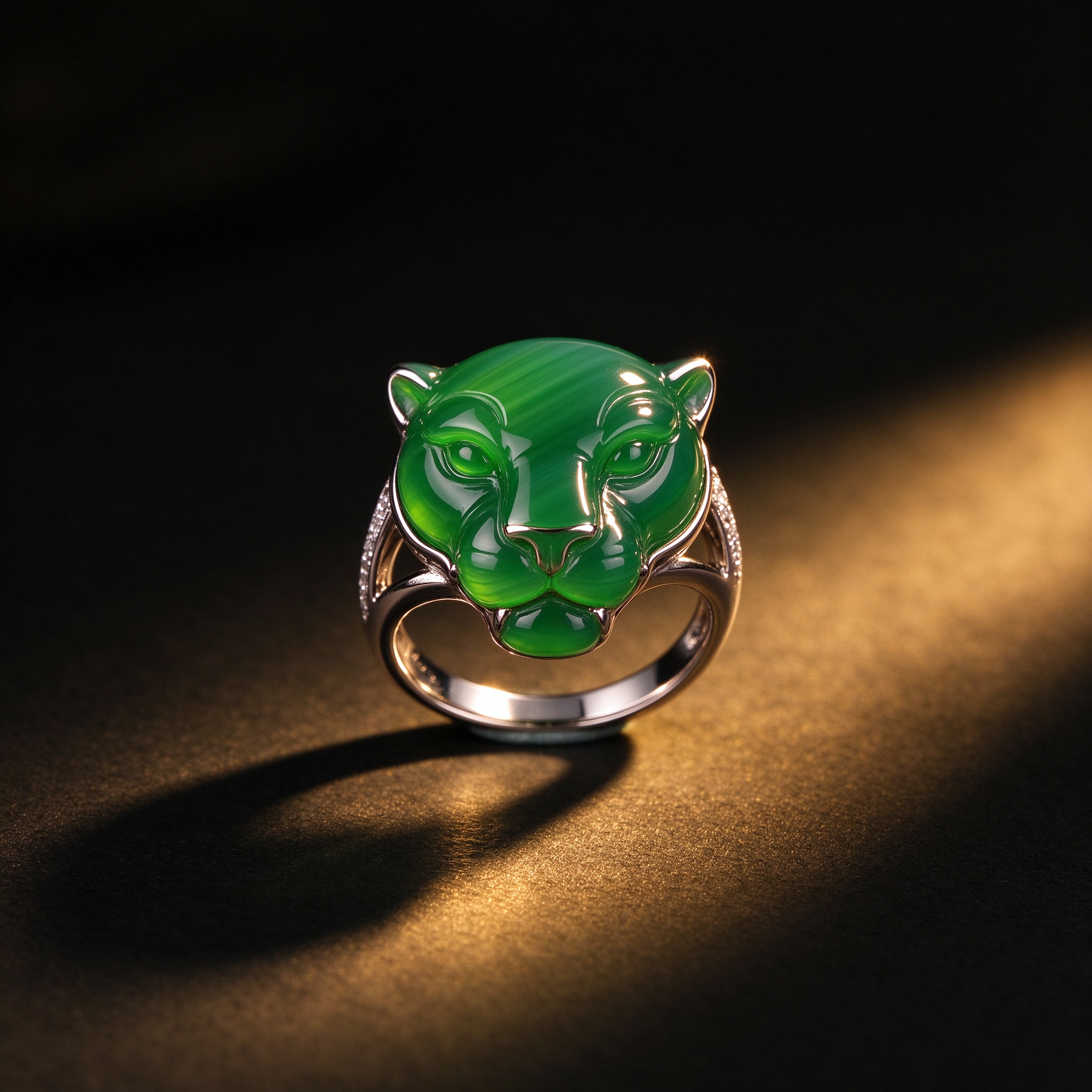 Silver-Plated Chalcedony Leopard-Head Ring — Ice-Green