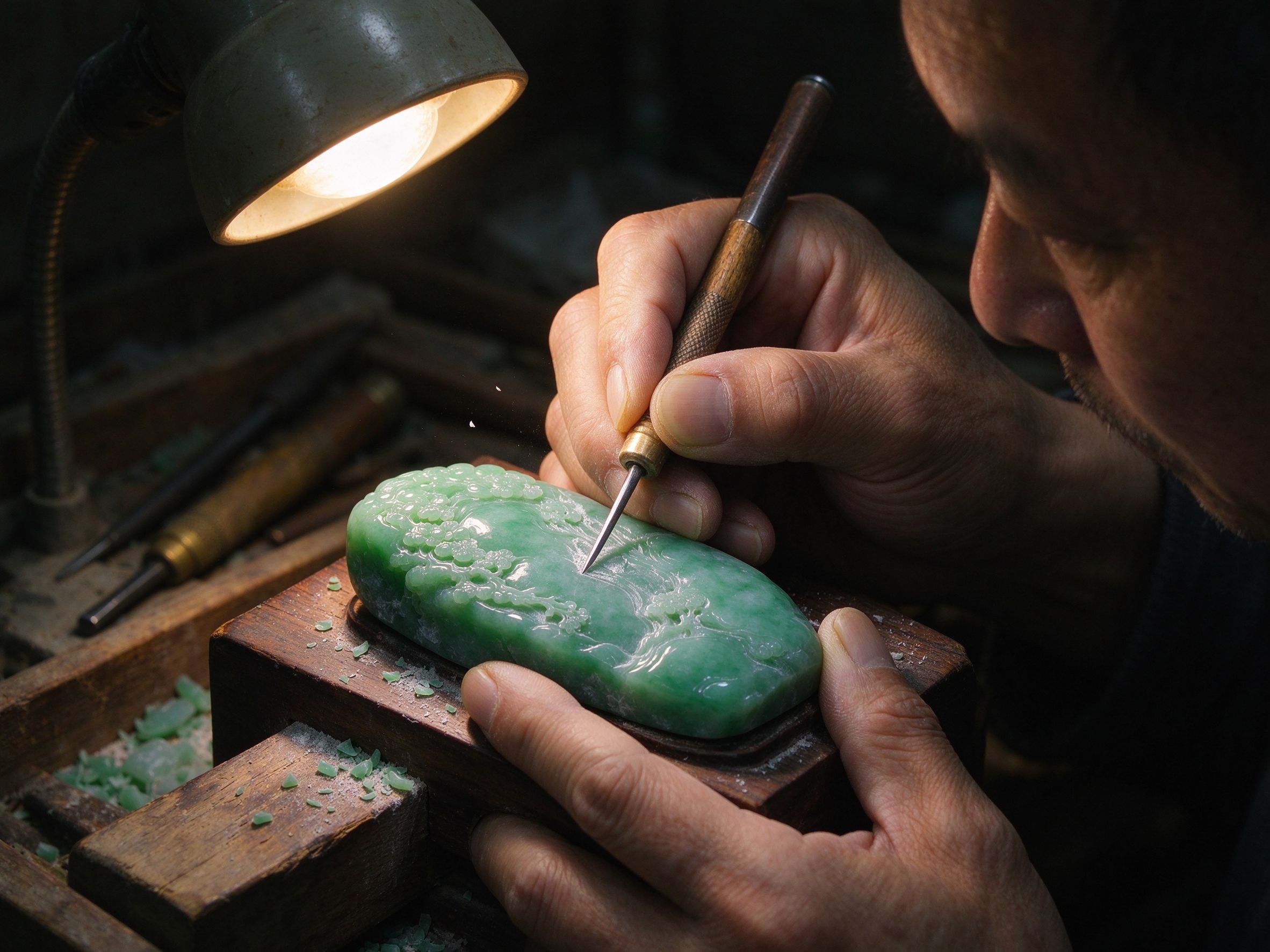 Craftsman carving jade by hand