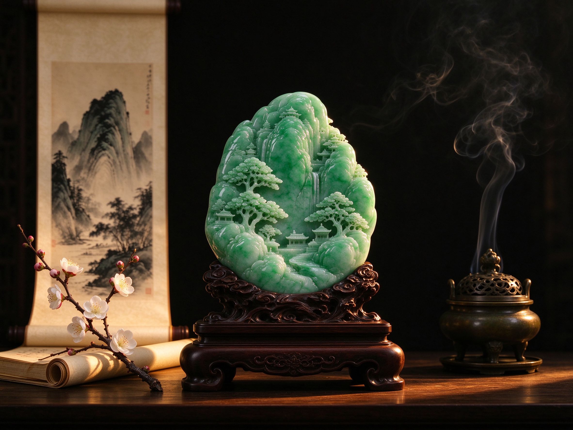 Jade carving in a Chinese scholar setting