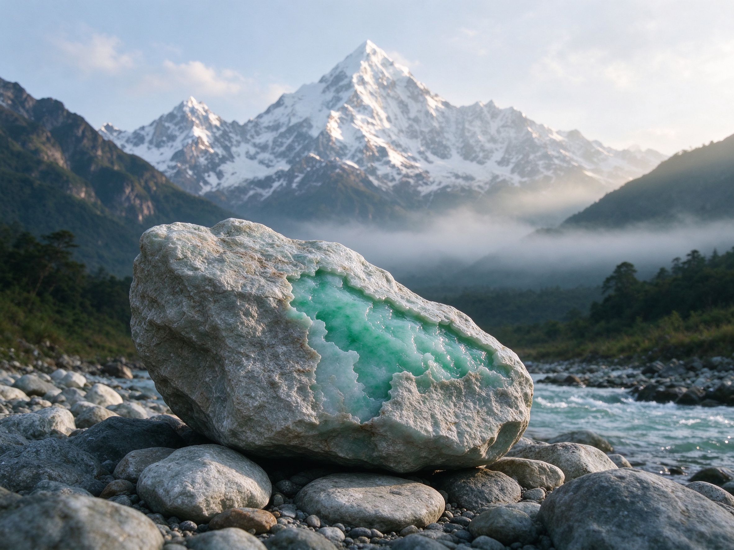 Rough jade stone by a mountain river