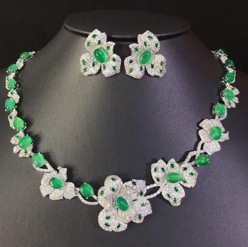 Jade-Garden Agate Flower Necklace & Earring Set — Marquise Zircon