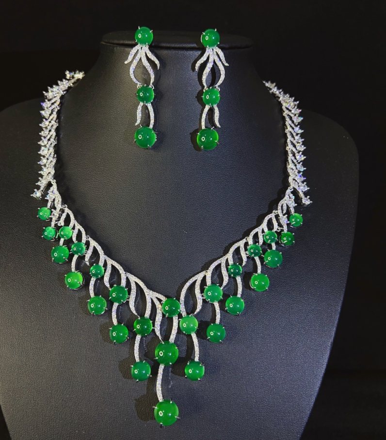 Jade-Stream Green Bead Necklace-Earring Set — Tassel Drops