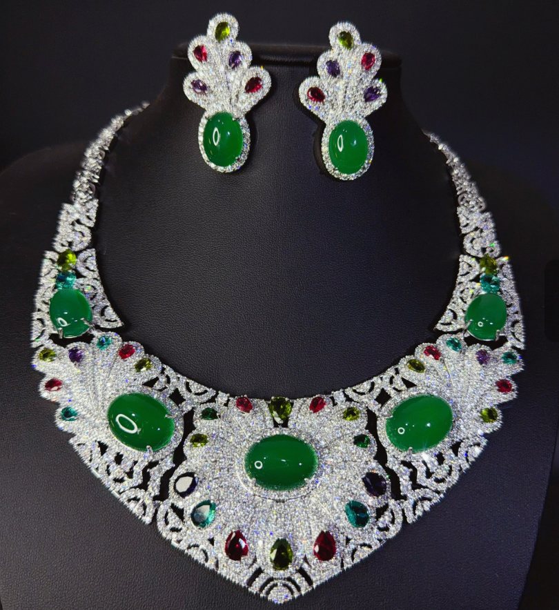 Jade-Feather Emerald Multi-Gem Peacock Necklace-Earring Set